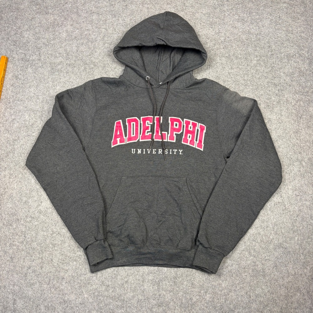 Champion Adelphi University Hoodie Gray Pink Spellout Sweatshirt XS